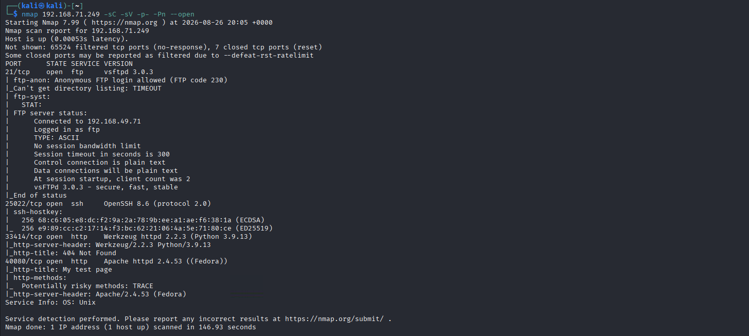 nmap révèle FTP anonyme, SSH, une API Werkzeug et un Apache