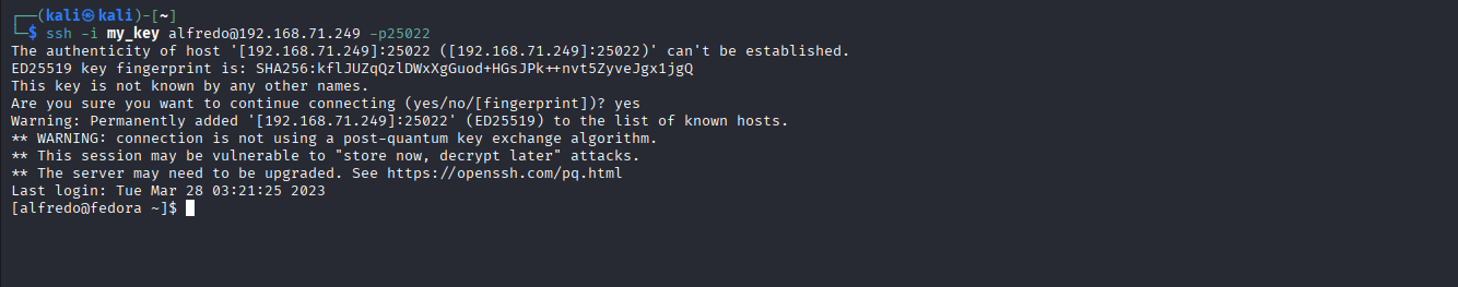 ssh -i my_key alfredo@192.168.71.249 -p25022 — session ouverte en tant qu'alfredo