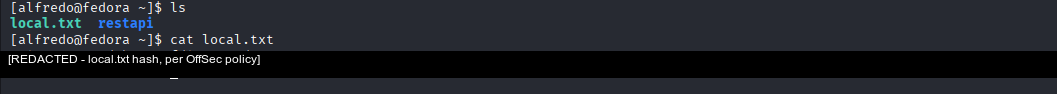 ls dans le home d'alfredo — local.txt (redacted) et restapi