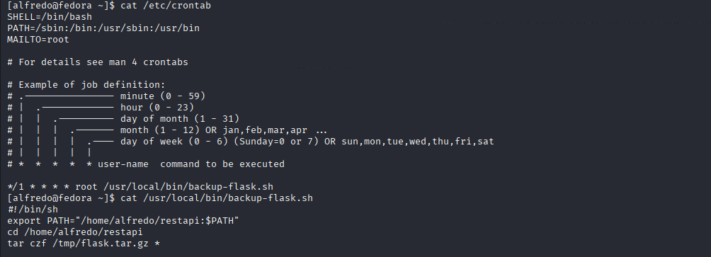 cat /etc/crontab montre un job root toutes les minutes lançant backup-flask.sh qui fait tar czf * dans /home/alfredo/restapi