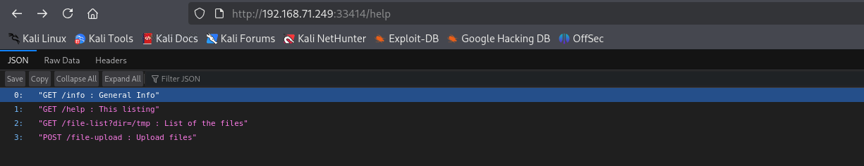 GET /help renvoie un JSON listant les endpoints de l'API