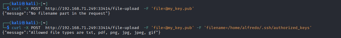 Deux tentatives d'upload rejetées : sans filename, puis avec my_key.pub