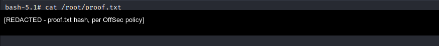 cat /root/proof.txt renvoie le hash (redacted)
