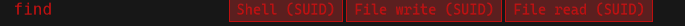 GTFOBins — tags de find : Shell (SUID), File write (SUID), File read (SUID)