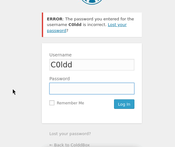 Message d'erreur WordPress confirmant que l'utilisateur C0ldd existe
