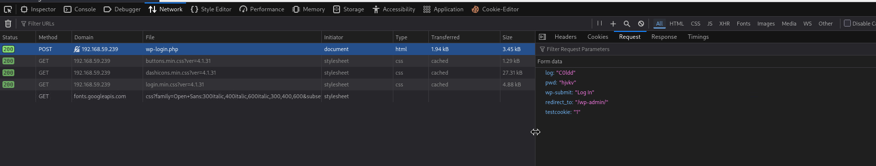 DevTools Firefox — corps de la requête POST vers wp-login.php