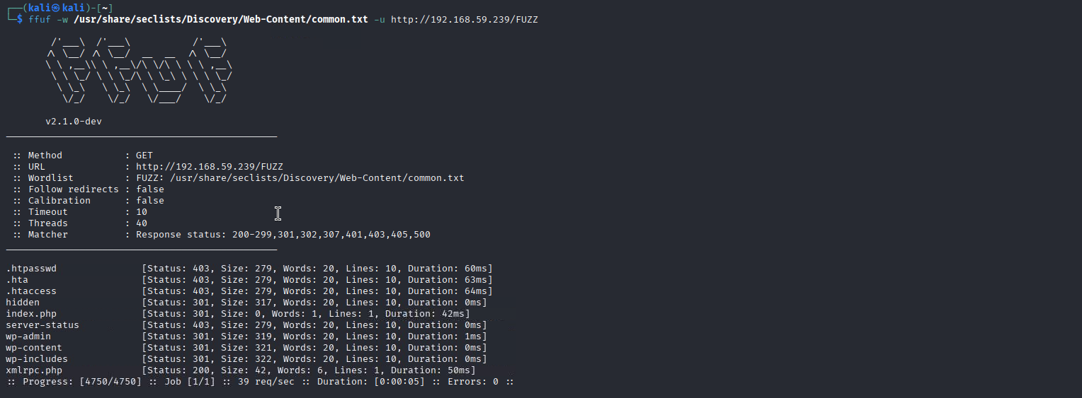 ffuf directory brute force sur la racine avec common.txt